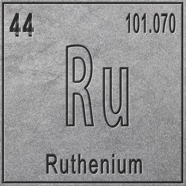 Élément chimique de ruthénium, signe avec numéro atomique et poids atomique, élément de tableau périodique, fond argenté