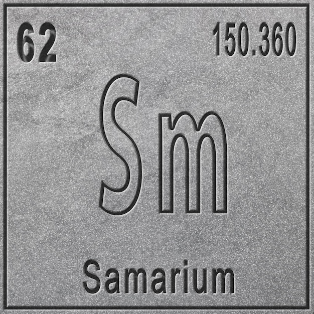 Élément chimique samarium, signe avec numéro atomique et poids atomique, élément du tableau périodique, fond argenté