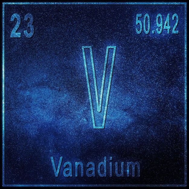 Élément chimique vanadium, signe avec numéro atomique et poids atomique, élément du tableau périodique