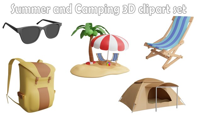 Élément de clipart d'été et de camping 3D rendu du concept d'été et de camping isolé sur blanc