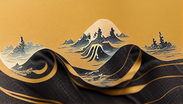 Élément de vague dessiné à la main avec illustration 3d de motif japonais