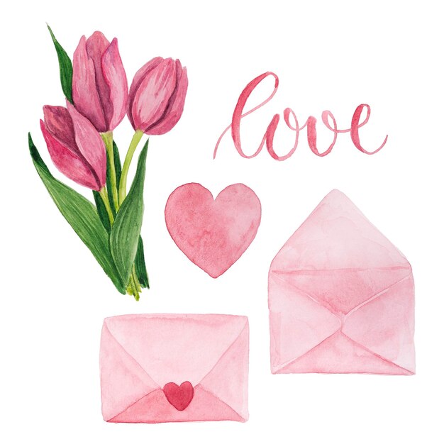 Éléments d'aquarelle de la Saint-Valentin Enveloppes de tulipes et coeur