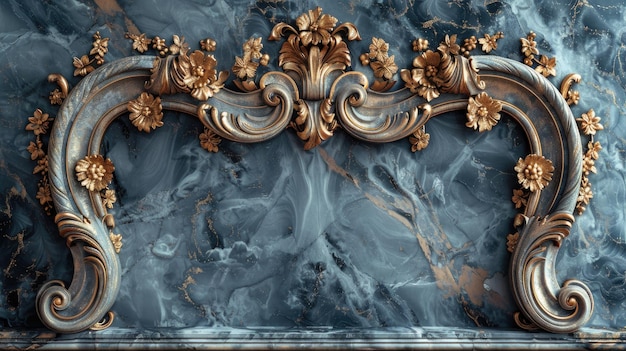 Éléments de cadre baroque doré sur marbre bleu texturé