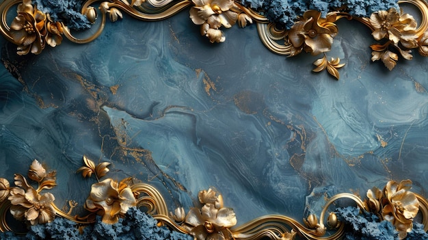 Éléments de cadre baroque doré sur marbre bleu texturé