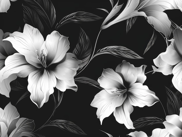 Éléments floraux noirs et blancs Fleurs monochromes avec pétales bouclés sur un fond noir