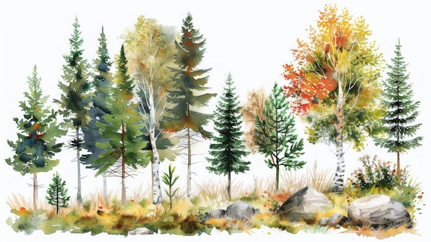 Éléments forestiers à l'aquarelle avec divers arbres et herbe IA générative