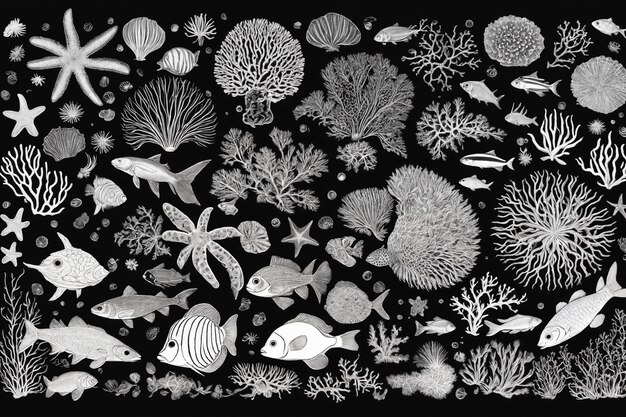 Éléments naturels sous-marins dessinés à la main Dessin de coraux de récif et de poissons nageants