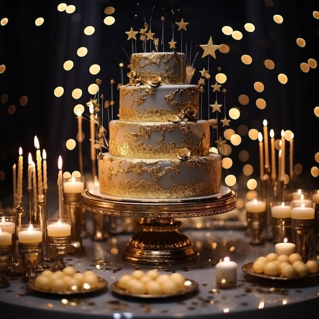 Éléments d'or pour la fête d'anniversaire et le gâteau