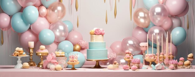 Éléments pour la fête d'anniversaire et le panorama de célébration des couleurs or et pastel du gâteau Generative Ai