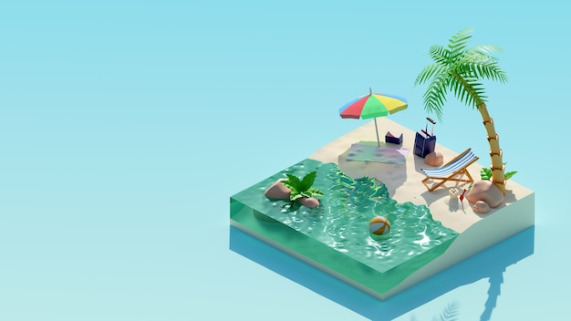 Éléments de rendu 3d de scène de plage sur le fond bleu rendu isométrique 3d