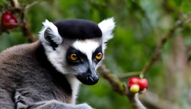 Photo un lémur avec un chapeau noir sur la tête regarde un pompom rouge