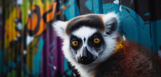 Un lémurien au visage noir et aux yeux jaunes est assis devant un mur couvert de graffitis.