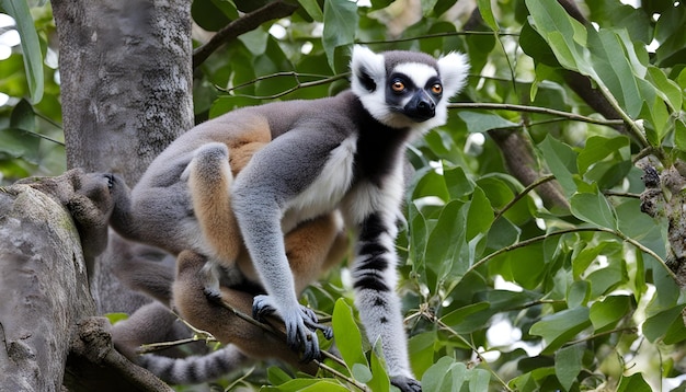 Photo un lémurien est assis sur une branche d'arbre et regarde la caméra