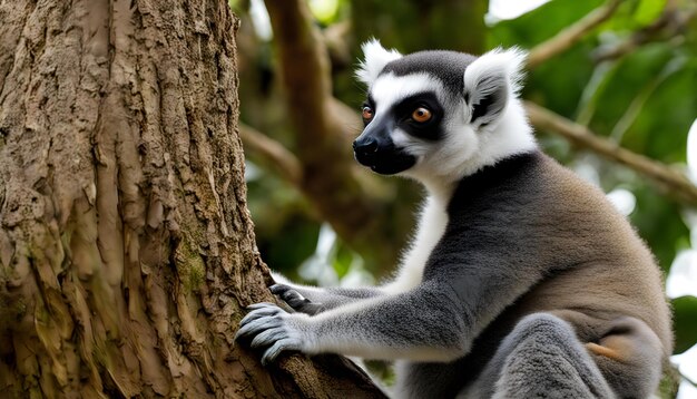 Photo un lémurien est assis dans un arbre et regarde la caméra