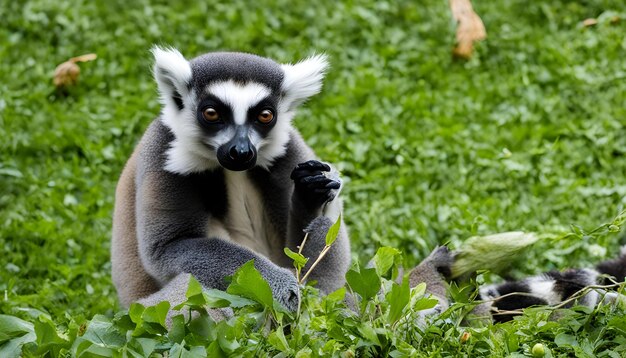 Photo un lémurien est assis dans l'herbe et a un visage noir et blanc