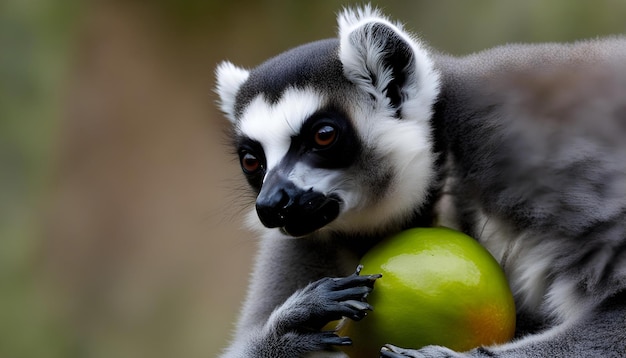 Photo un lémurien tient une pomme et une pomme verte