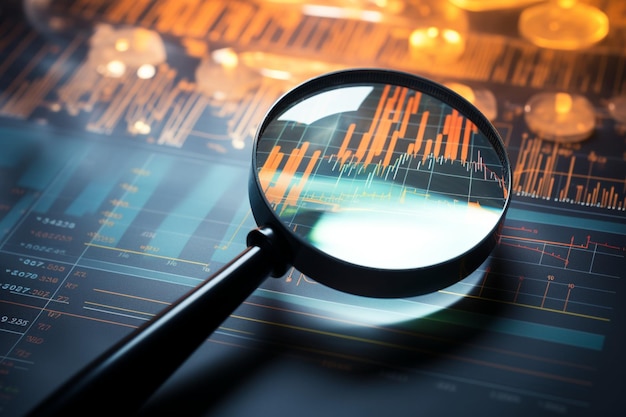 Photo une lentille analytique une loupe inspecte de près un graphique financier