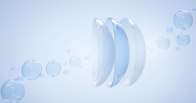 Lentilles de contact dans la surface de l'eau avec des bulles d'air sur fond bleu Concept de solution de nettoyage des lentilles oculaires équipement médical pour la maquette de correction de la vision optique pour la conception de l'emballage Rendu 3d réaliste