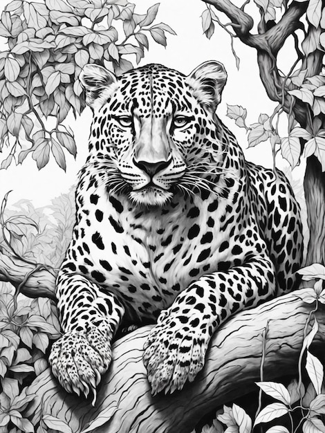Le léopard d'Afrique est assis sur une branche d'arbre autour d'une plante grimpante à colorier des lignes noires pour enfants
