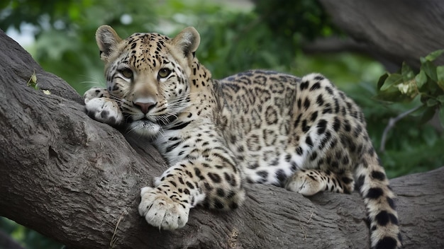 Le léopard amur en voie de disparition se repose sur un arbre dans l'habitat naturel des animaux sauvages en captivité magnifiques
