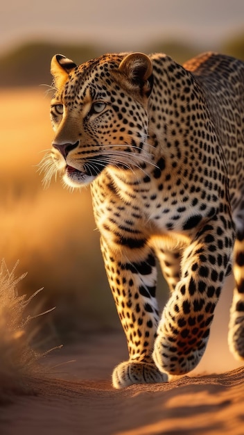 Photo léopard animal sauvage léopard à la chasse au coucher du soleil