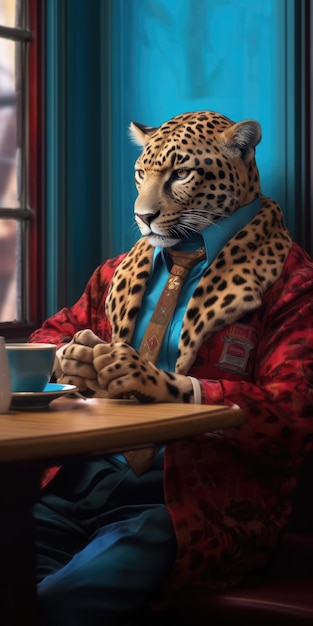 Un léopard anthropomorphe dans un costume élégant sirotte du café à une table
