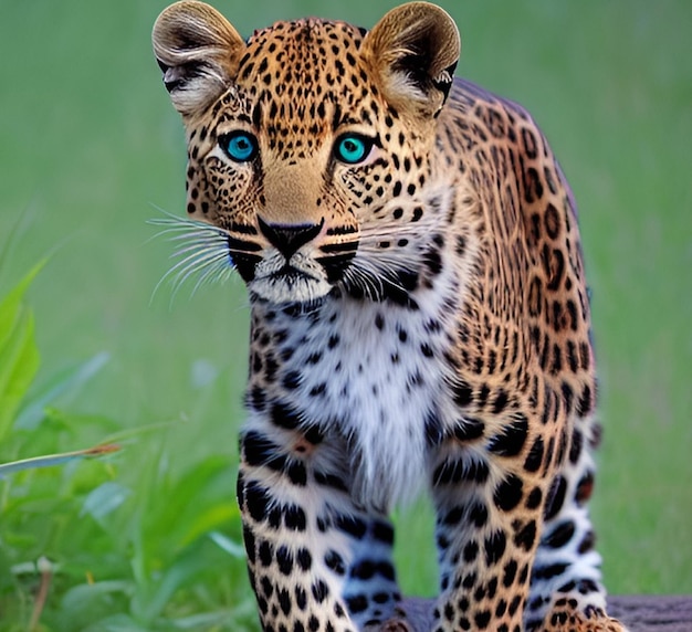 Un léopard aux yeux bleus est debout sur une bûche.