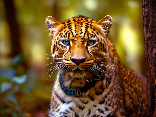 Photo un léopard aux yeux bleus se tient dans une forêt générée par l'intelligence artificielle