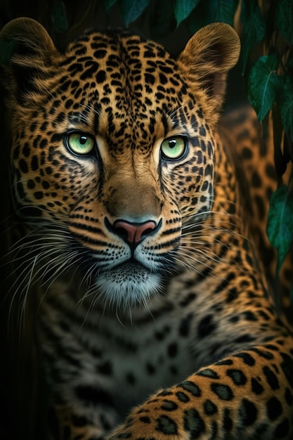 Un léopard aux yeux verts est assis dans une forêt sombre.