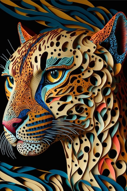 Un léopard coloré est représenté sur un fond noir.