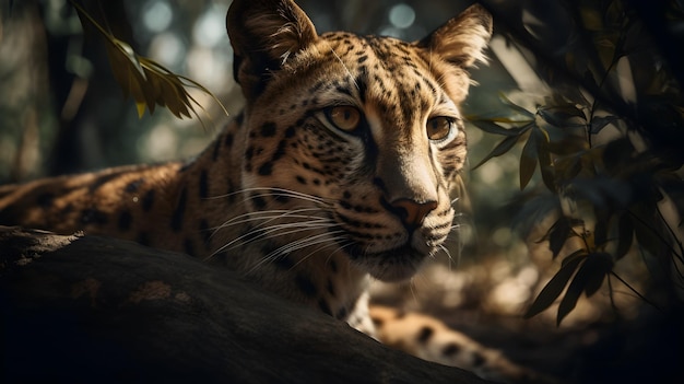 Un léopard dans un arbre avec un arrière-plan flou