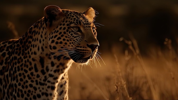 Un léopard dans l'herbe le soir