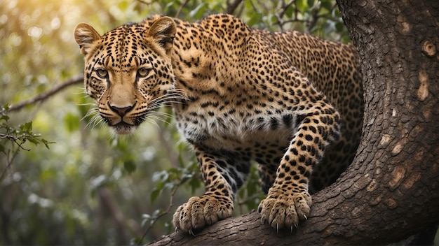 Le léopard essaie de grimper à l'arbre.