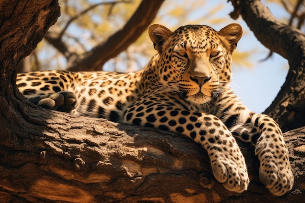 Le léopard est allongé sur un arbre.