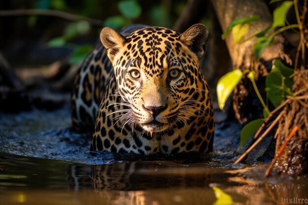 un léopard est dans l'eau près d'un arbre