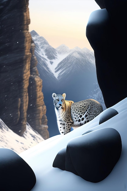 Léopard des neiges au milieu d'une falaise escarpée, de gros rochers noirs de charbon avec une légère couverture de neige