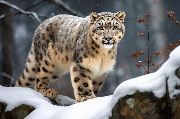 Photo un léopard des neiges debout sur un rocher dans la neige