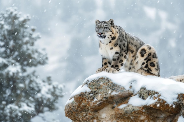 Photo un léopard des neiges est perché sur une roche couverte de neige.