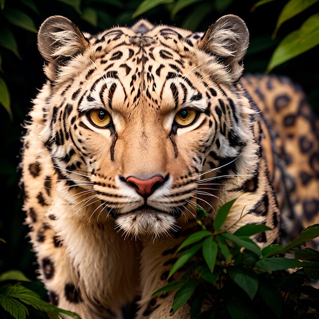 Un léopard des neiges regarde à travers le feuillage de la jungle