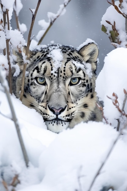 Le léopard des neiges sort de la tempête de neige