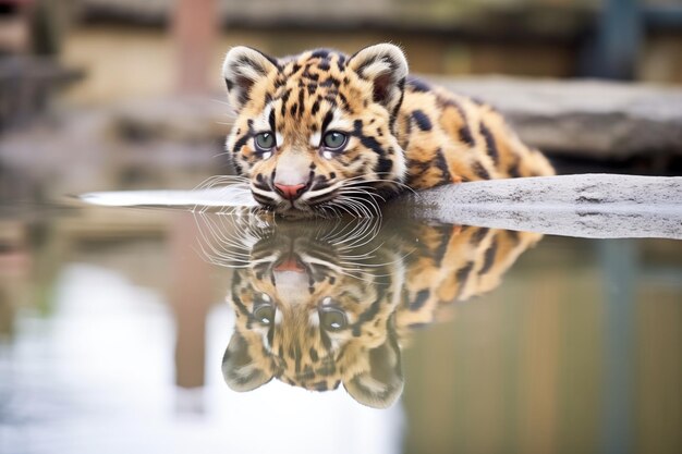 Le léopard nuageux de Sunda reflété dans la piscine