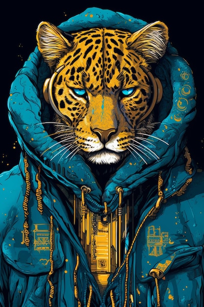 Un léopard portant un sweat à capuche bleu avec le mot cc dessus.