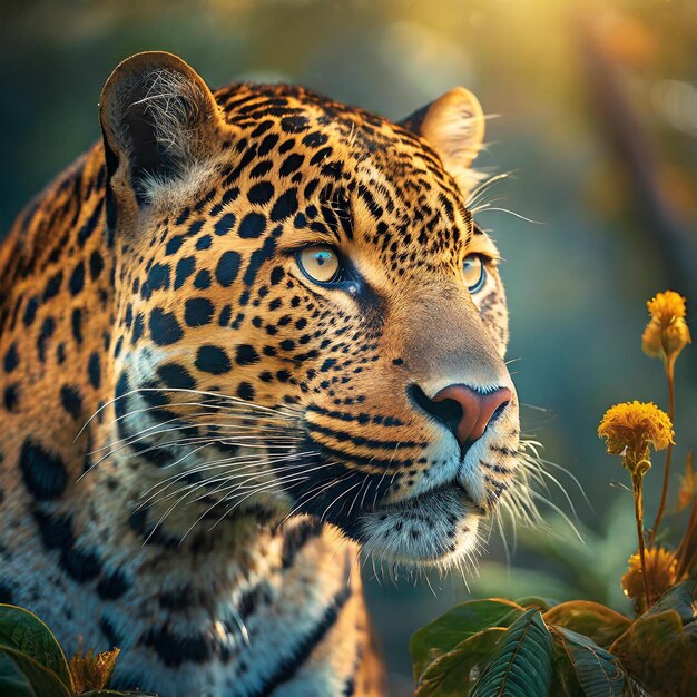 Photo un léopard regarde la caméra devant des fleurs