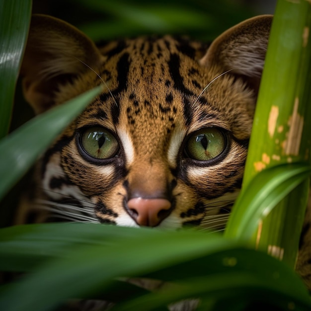 Un léopard se cache dans l'herbe et a les yeux verts.