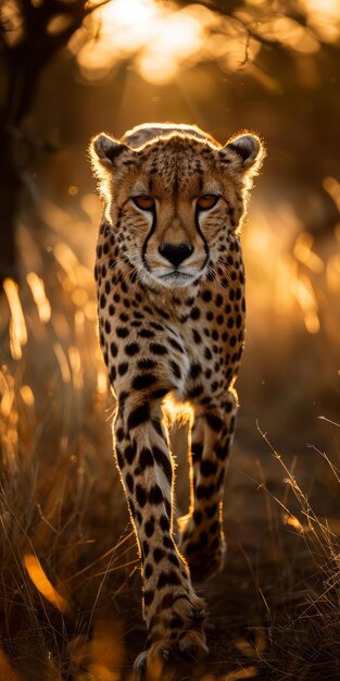 Un léopard se promène dans la savane au coucher du soleil.