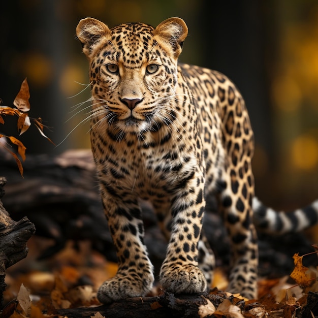 un léopard se promène sur le sol de la forêt