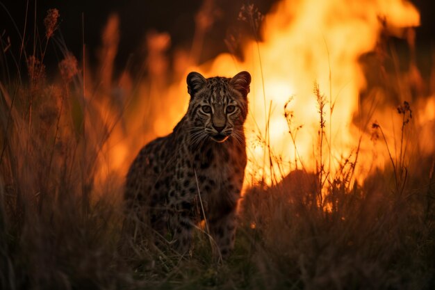 un léopard se tient dans l'herbe avec le soleil derrière lui