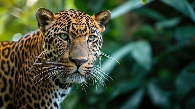 Les léopards regardent intensément au milieu des feuilles de la jungle.