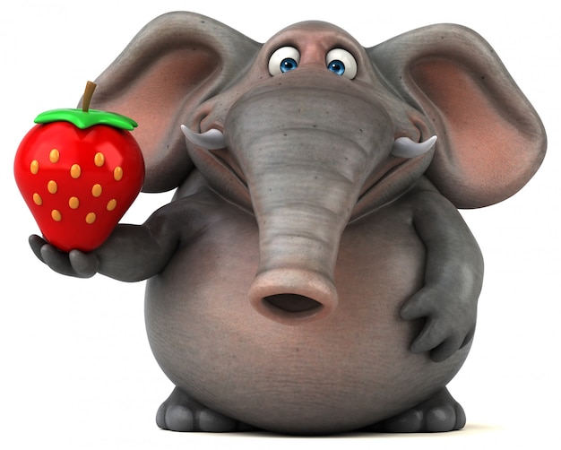 Éléphant 3D amusant tenant une fraise