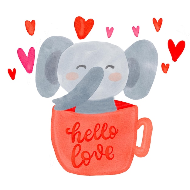 Éléphant animal d'Afrique dans une tasse rouge avec coeur. Visage d'animal safari aquarelle romantique Saint Valentin